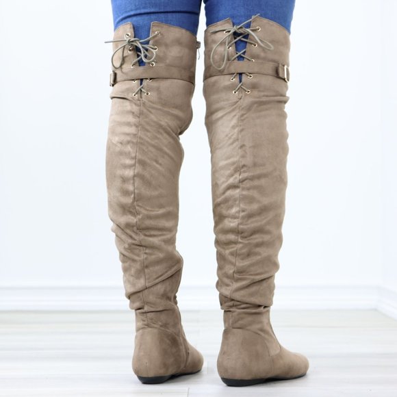 Taupe Thigh High Over The Knee Flat Boots Faux Suede Laced Back - Picture 2 of 15